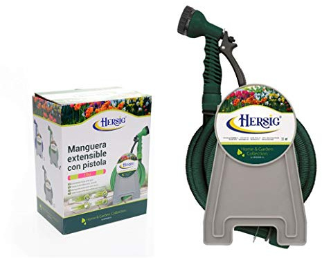HERSIG - Manguera Extensible - Manguera Jardin Extensible con Portamangueras Verde Oscuro 15m - Mangueras de Jardín con Pistola de Riego - Mangueras Jardin Antitorsión Ligeras y Resistentes
