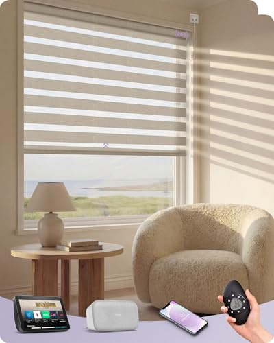 Graywind Electric Smart Zebra Blinds, Dimout or Translucent Dual-Layer Privacy Control, Motorised Day Night Blinds, Made to Measure, Hardwired with Remote, Alexa Google Compatible, Coffe