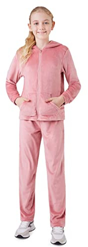 CityComfort Girls Tracksuit Set, 2 Piece Velour Hoodie and Tracksuit Bottoms Lounge Set (Pink, 13-14 Years)