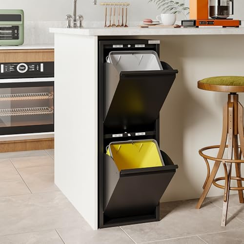 VEEHAUS Poubelle de cuisine pour une utilisation polyvalente avec rabats en acier inoxydable, poubelle élégante pour un rangement efficace et pratique, noir, 2 x 15 l, 30 l