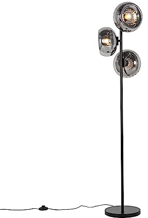 Qazqa Art Deco Stehleuchte, Stehlampe - Ayesha - Schwarz mit Rauchglas, max. 25W, Geeignet für LED, 3-flammig, 145cm, Ideal als Wohnzimmerlampe