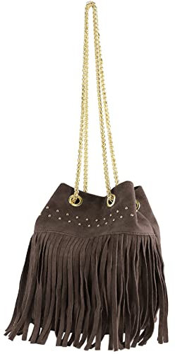 modamoda de T244 Damen Schultertasche Wildleder mit Fransen und Goldkette handmade in Italy, Farbe:Dark Chocolate