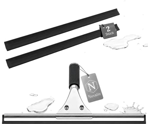 Novaliv Extractor de ventanas profesional de 45 cm + 2 gomas de repuesto para limpiacristales de acero inoxidable con borde de goma intercambiable para ventana, limpiacristales