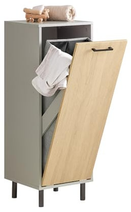 SoBuy Armoire de Salle de Bain, Armoire à Linge, Corbeille à Linge, Meuble Bas de Salle de Bain avec 1 Panier à Linge sur Pieds, Couleur Bois et Gris, 31,5 x 30 x 86 cm, BZR132-NG