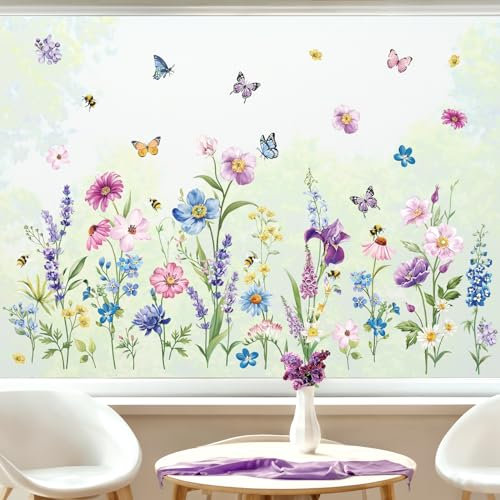 decalmile Fensteraufkleber Frühling Blumen Fensterbilder Iris Blumen Schmetterlinge Anti-Kollision Fensterfolie Glas Fensterdeko Aufklebe