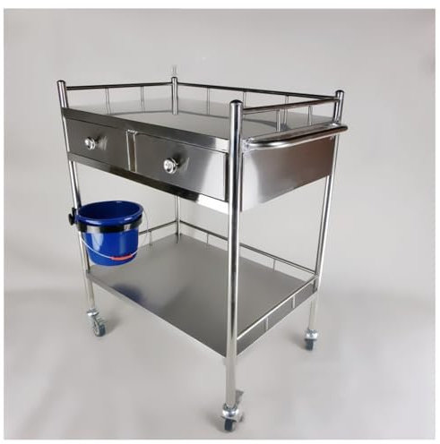 DHNDSDP 2-Etagen-Edelstahl-Rollwagen mit Ausziehbarer Schublade Lagerwagen Rollwagen mit ABS-Ringtrommel Höhenverstellbares Geländer Gebremste Universalräder(80x48x85cm/31.5x18.9x33.5inch)