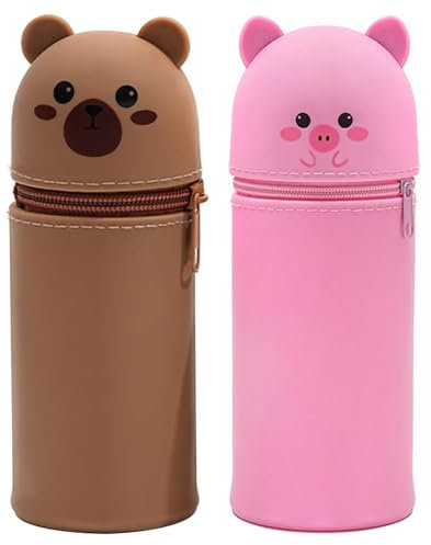 CHENKEE 2 Stück Silikon Federmäppchen,Ausziehbar Silikon Federmappe,2 in 1 Schlampermäppchen,Stifte Mäppchen Mit Reißverschluss,Schön Stehendes Mäppchen(Braun,Rosa)