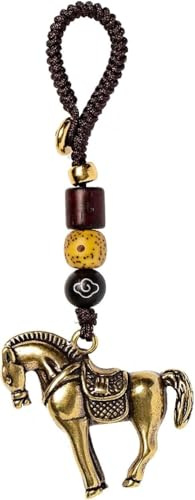 Porte-clés chinois, porte-bonheur, statue de cheval de guerre en laiton, porte-clés pendentif porte-bonheur + corde tricotée à la main Bodhi, amulette décorative for sac à dos et clé de voiture