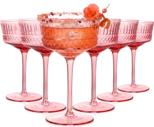 CLUSIVC Pink Vintage Coupe Cocktail Glasses - 9oz, Set of 6 Crystal, Perfect for Cocktail Parties & Christmas