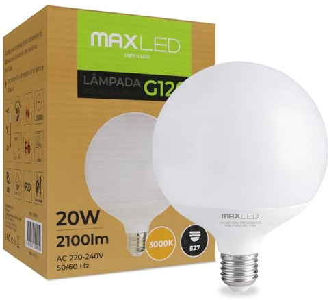 Maxled, Light is Led! Globe LED Lampe E27 G120 20W Glühbirne Ersetzt 160 Watt Halogenlampe 3000K Warmweiß Kugel Lampen 2100lm Nicht Dimmbar 180° Abstrahlwinkel AC230V Ø120 x 158mm
