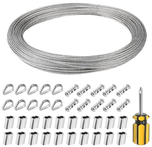 Stainless Steel Wire Rope Kit 30m 2mm Metal Wire for Climbing Plants, Picture Hanging, Fencing, Clotheslines and Lighting