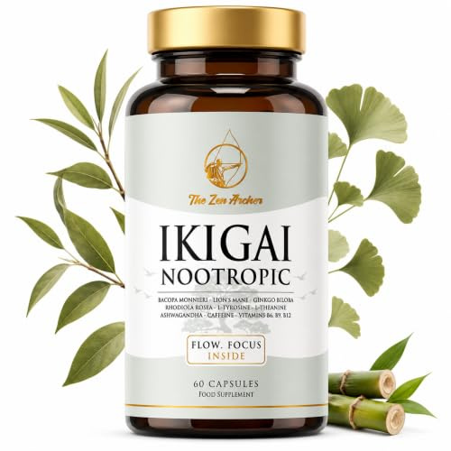 Nootropico IKIGAI Fórmula Natural para Foco Memoria y Trabajo Profundo Bacopa Ginkgo Biloba Melena de León Ashwagandha L-Tirosina Cafeína L Teanina Pastillas Memoria y Concentración para Estudiar