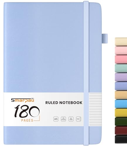 Smarpau Notizbuch A5, Hardcover Lined Journal Buch mit 180 Seiten Papier | Premium 80gsm Tintenfestes Papier, Leder Hard Cover Notizbuch für Frauen Männer Arbeit Büro Schule, 14.5 x 21cm-Azurblau