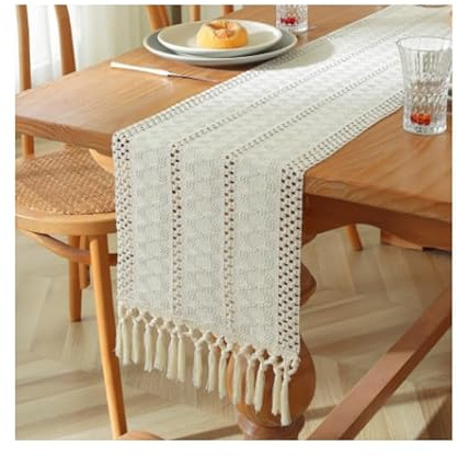 Beige Boho Tischläufer mit Quasten, Makramee Baumwolle Leinen Mix, Rustikaler Bauernhaus-Stil, für Küche, Hochzeiten und Partys, Esszimmer Dekoration, 30x140 cm