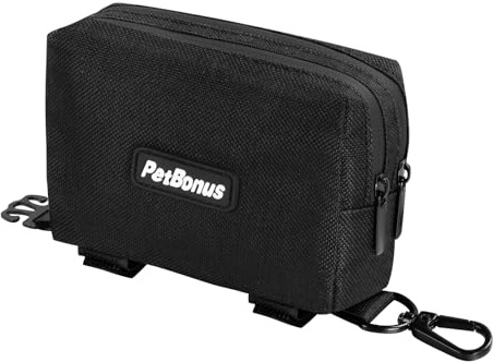PetBonus Dog Poop Bag Holder, Portable Pet Waste Bag Dispenser, 2 Pouches for Treats and Walking Accessories, Fit All Leads, Includes 1 Roll of Dog Poop Bags (Black)