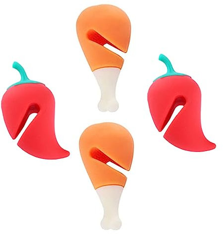 Alipis Silicone Pot Lid Lifter Steam Releaser Heat-Resistant Spill Stopper for Saucepans Kitchen Overflow Preventer Decorative Lid Holder 4pcs Set with Chili Pepper and Drumstick Designs