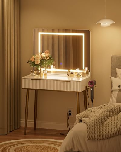 Apetaccat Dressing Table with Mirror, Dressing Tables, Dressing Table with Lighting Color Adjustable, Modern Cosmetic Table with 2 Drawers, White with Golden Legs