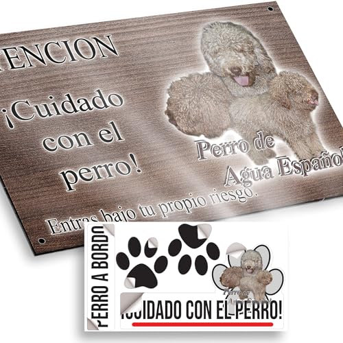 Perro de Agua Español Cartel Cuidado Perro Peligroso 20x12,5cm - Diseño Madera Marrón Dibond con Pegatina Coche 20x5cm