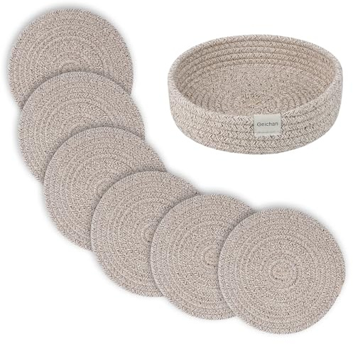 8inch Placemats Set of 6 with Storage Basket,Round Cotton Woven Placemats,Trivets for Hot Dishes and Pans, Large Washbale Coasters,Pot Holders for Kitchen Dining Table Home Restaurant