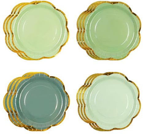 HiEnjoin 48 Pièces Assiettes de Fête Vertes, Assiettes de Fête à Dessert Vert Dégradé Bord en Feuille d'Or Vaisselle Jetable Pour Baby Shower Anniversaire Mariage Mariée Fêtes