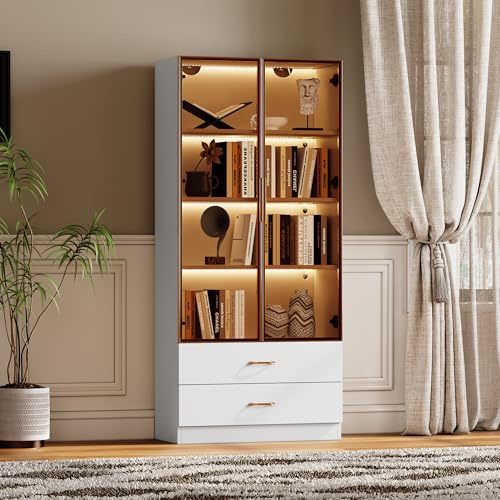 Vitrine mit LED-Beleuchtung, Glasvitrine Stehend mit 2 Schubladen und 2 Glastüren, Wohnzimmer Sideboard, Badezimmerschrank, Vitrinenschrank für Schlafzimmer Büro Küche Bad (Weiß)