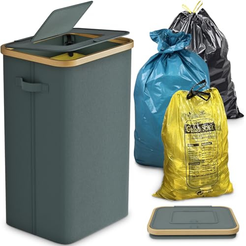 DOKRVLOQ Soporte para saco amarillo estable con tapa, cubo de basura grande y soporte para bolsas de basura para cocina y hogar, sistema de basura de 100 l, contenedor gris – práctico soporte para