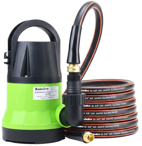 Submersible Sump Pump, 1/2 HP Sump Pump with 10ft Drain Hose Kit & 25ft Power Cord, Portable Submersible Water Pump for Pool Draining, Hot Tub, Basement Flood Removal, Garden Irrigation