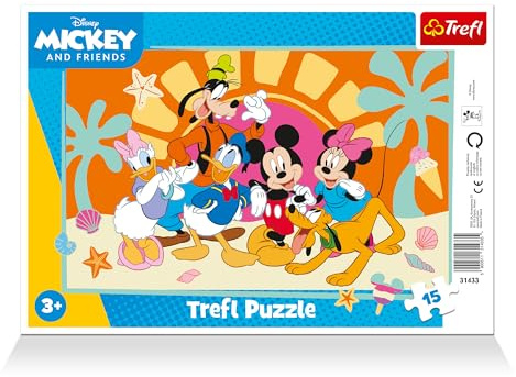 Trefl - Rahmenpuzzles 15 Teile, Der neugierige Mickey, Mickey Mouse, 3+ | Puzzle für Kleinkinder, 15 große Teile, Rahmen und stabile Unterlage, Puzzle mit Märchenfiguren, hohe Qualität