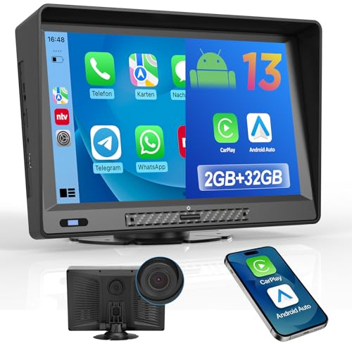 9 Zoll Android Autoradio mit CarPlay & Android Auto, Dashcam Loop Aufnahm | Kabellos Radio mit 2GB + 32GB Speicher, GPS Navigation, Freisprecheinrichtung Bluetooth, MirrorLink, FM, Sonnenschutz
