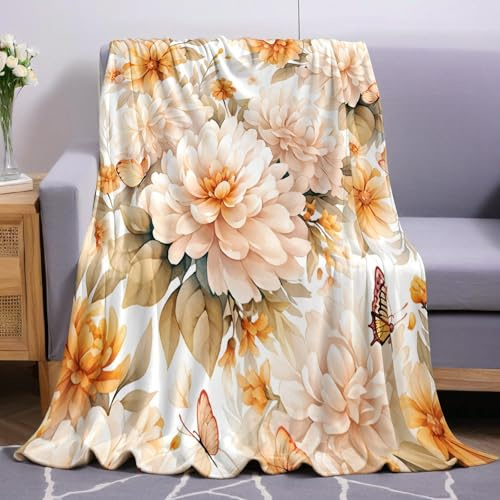 Gelb Kuscheldecke 150 x 200 cm Blumen, Chrysanthemen und Schmetterlinge Weich Warme Fleecedecke Für Bett Couch Flanelldecke Als Sofadecke Wohndecke Tagesdecke
