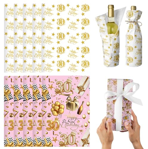 POPOYU Roséguld födelsedagspresent omslagspapper set, gör-det-själv presentinslagningskit för kvinnor, henne, 5 premium glansiga belagda omslagspapper, 5 silkespapper och 5 satinband för 30-årsdag