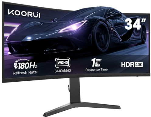 KOORUI 34 Inch Curved Monitor Gaming, 180Hz, WQHD, 1000R, 1MS, HDR 400 | 3440*1440P, 2x HDMI 2.0, 1x DisplayPort 1.4, AdaptiveSync, Tilt/Height Adjustable, Black