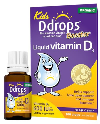 Ddrops Kids Booster 600IU 100 Drops - Daily Liquid Vitamin D for Kids. Support Strong Bones & Immune System in Children. No Preservatives, No Sugar, Non-GMO, Allergy-Friendly