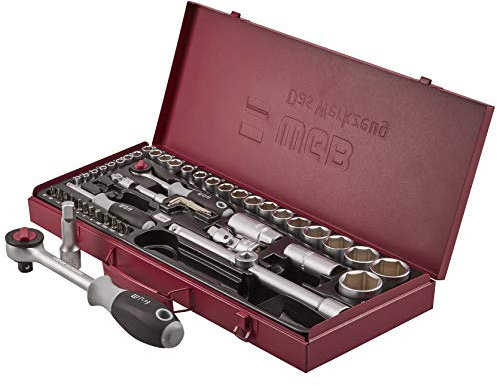 Steckschlüsselsatz 1/4 + 1/2“ Zoll bestückt mit Ratsche und Bit Set + Sechskant Einsätze | 56-tlg. Profi Werkzeugkoffer für Auto, Motorrad und Fahrrad Reparatur | WGB Das Werkzeug