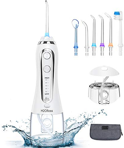 ESSEASON Idropulsore Dentale Portatile Professionale - 5 Modalità Irrigatore Orale Ricaricabile, 300 ml di Grande Capacità 6 Ugelli con IPX7 Impermeabile, Per Pulizia Denti Tartaro Bianca