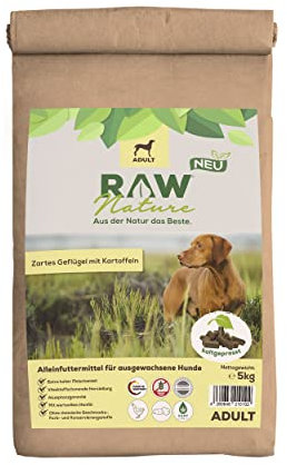 RAW Nature Trockenfutter Adult mit Huhn 5kg, kaltgepresstes Hundefutter, Getreidefrei, 100% Muskelfleisch, hoher Fleischanteil, ohne künstliche Zusätze, für alle Rassen und Sensible Hunde geeignet