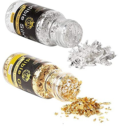 Essbare 100% reines Silber und 24 Karat Blattgoldflocken, für Lebensmittel, Getränke und Kuchendekoration, Make-up und Spa, Malerei, DIY und Inneneinrichtung (je 50 mg)