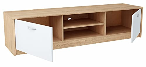 MATKAM Fernsehkommode 2DC H 36 x B 160 x T 41 cm, TV Lowboard, TV Unterteil, Fernsehtisch, laminierte Möbelplatte 16 mm (Sonoma Eiche – Front in weiß)