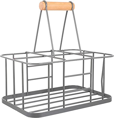 6 Milk Bottle Holder, Metal Wire Wine Bottle Carrier with Wooden Handle, Rustic Farmhouse Wine Milk Doorstep Crate Basket Beverage Holder Storage Rack, Grey