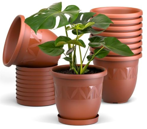 Plastard Blumentopf 10er Set Ø24 cm mit Untersetzer Terrakotta, Pflanzkübel | Witterungs- UV- & frostbeständig, inkl. 18 cm Untersetzer, ideal für Garten, Balkon & Innenbereiche, Deko Pflanztopf 5 Liter