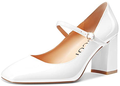 Aachcol Donna Mary Jane Pumps Chiusa Quadrata Punta Chunky Blocco Medio Tacco Heel Slip-on da Matrimonio Ufficio Feste Dress Scarpe 8 CM Bianco Verniciata 36 EU