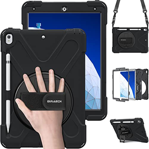 BRAECN Coque pour iPad Air 3 2019 - Protection pour iPad Pro 10.5 Pouces | Étui de Robuste avec Support Rotatif à 360°et Dragonne, Bandoulière, Porte-Stylet, Résistant Housse, Antichoc, Noir