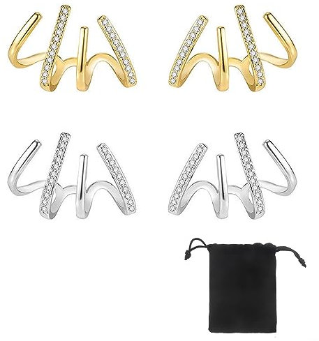 SJBAUTYO Boucles d'oreilles à Quatre Griffes pour Femme Filles, 14K Plaqué Or Boucles d'oreilles en Zircon Brillant pour Femmes, 4 broches Wrap boucles d'oreilles pour les filles ami (2Pairs)