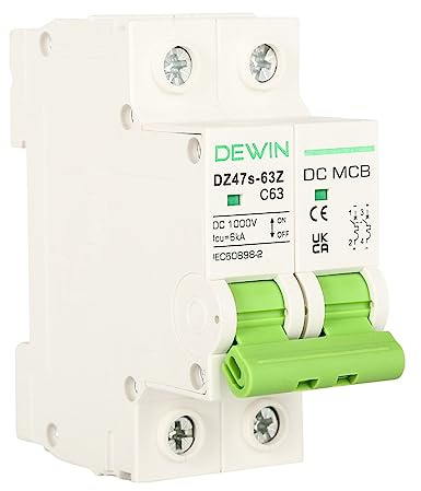 DEWIN DC Leitungsschutzschalter, Sicherungsautomat 2 Polig MCB DC Schutzschalter 63A 1000V Typ C mit Überlast- und Kurzschlussschutz für PV Anlage