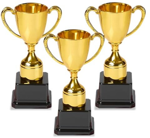 Playbees Fun Gold Plastic Trophies - 3 Pack - 7 Inch - Award Trophy Cup Set for Superstar Kids - Champion Celebrations, Sports Galore, and Victory Vibes - Desktop Toy