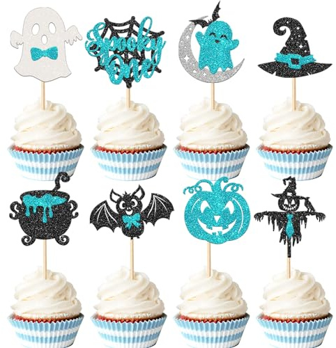 Rsstarxi 24 Pack Halloween Spooky One Cupcake Toppers Glitter Bat Spider Pumpkin Ghost 1st Birthday Cupcake Picks for Halloween Baby Shower Boys First Birthday Party Cake Decorations Blue