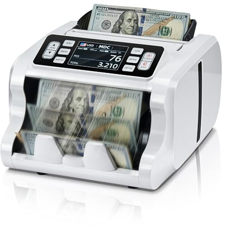 MUNBYN IMC09 Mixed Denomination Money Counter Machine, Value Counting, UV/MG/IR/MT Bill Counter, 3.5 TFT Display Money Counting Machine, USD, EUR, MXN, CAD Cash Counter for Business (White)