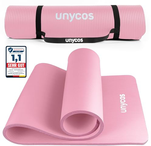 unycos - Gymnastikmatte - Yogamatte Rutschfest【183x60 cm】NBR 10 mm Dicke | Inkl. Tragegurt und E-Book mit Übunge, Sportmatte Ungiftig für Fitness, Pilates & Gym, Home Sport (Hellrosa)