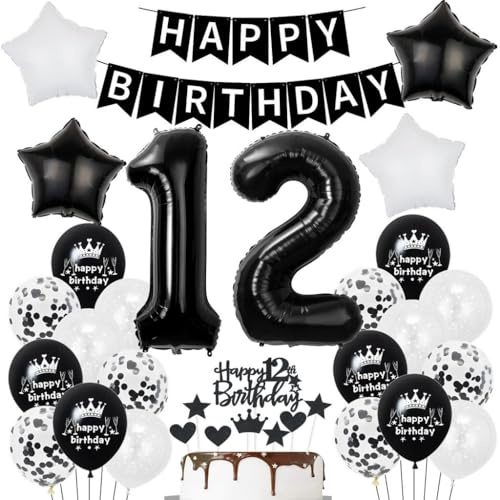 Schwarz Weiß 12. Geburtstag Dekoration, Schwarz Weiß Luftballon 12. Geburtstag Deko, Junge Mädchen Geburtstagsdeko 12 Jahre, 12. Tortendeko, Ballons 12. Junge Mädchen Party Deko