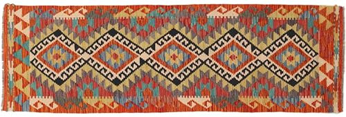 RUG PRINCE Maimana Kelim Teppich 60x200 Handgewebt Läufer rot Geometrisch Handarbeit c